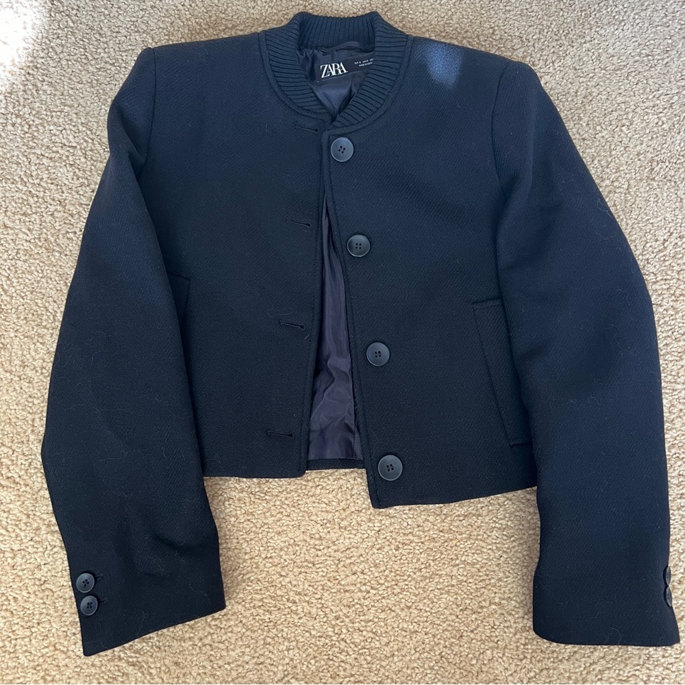 ZARA Cropped Wool-Blend Button Jacket – Black – Women’s Size S